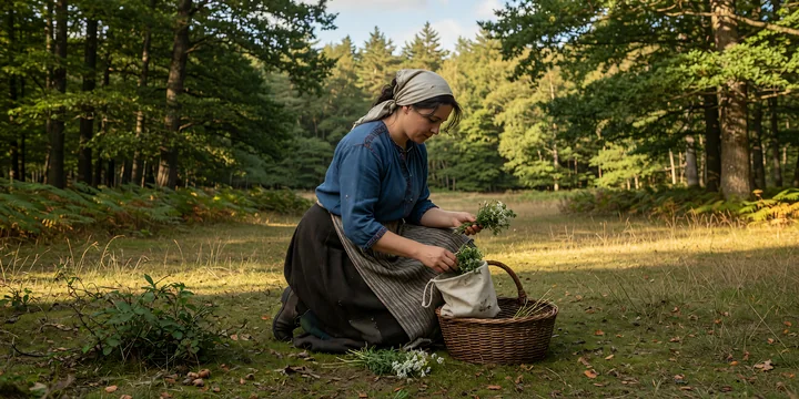 Woman in heritage attire gathers herbs beside a wicker basket in a sunlit forest clearing.