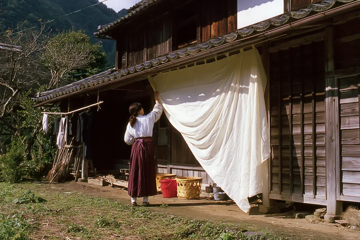 Woman in heritage attire hangs a large white fabric panel on a traditional wooden house.