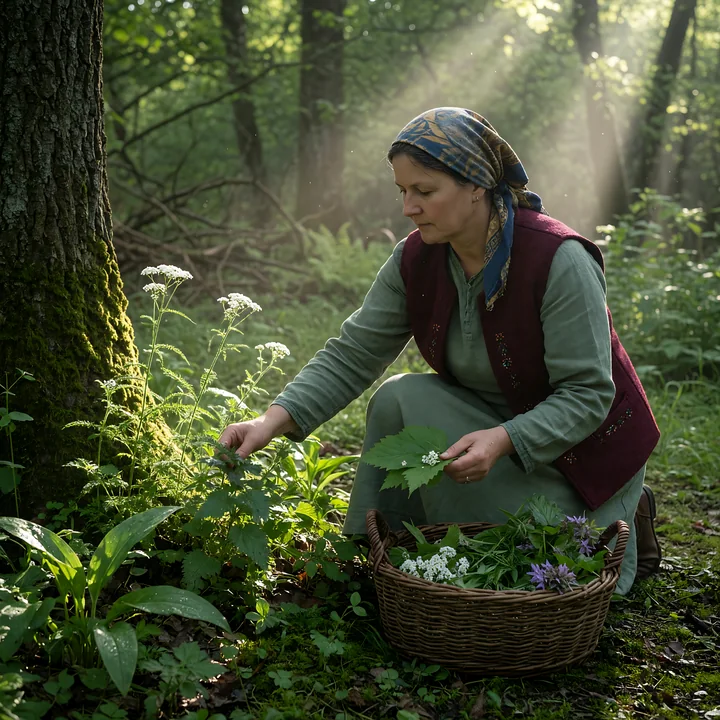 Woman in heritage attire kneels beside a mossy tree, collecting herbs into a woven basket in a sunlit forest.