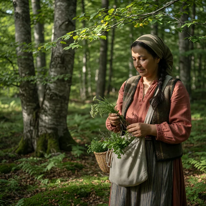 Woman in traditional clothing collects leafy herbs beside a woven basket in a sunlit forest.