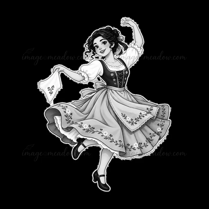 A woman in traditional folk dress dances joyfully while holding a handkerchief. Her outfit features floral patterns and she appears in motion, expressing her ce