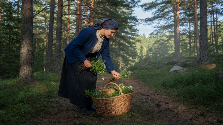 Woman in traditional-style clothing gathers leafy herbs beside a woven basket on a forest path.