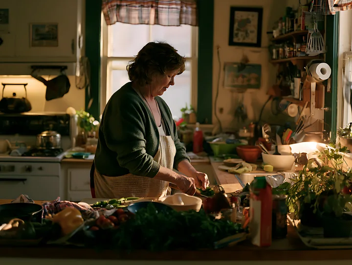 Woman prepares food at a kitchen counter in a warmly lit home kitchen.