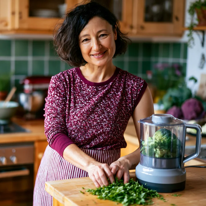 Woman preparing chopped herbs beside a food processor on a kitchen counter.
