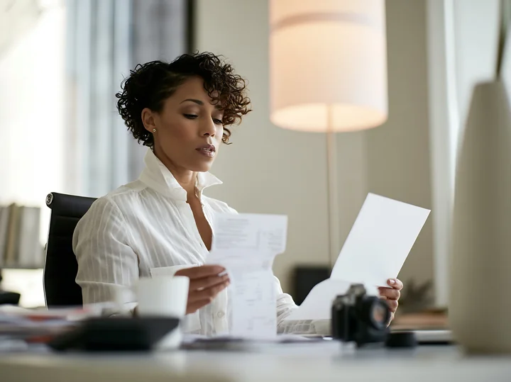 Woman seated at a desk reviews paperwork in a softly lit, quiet office.