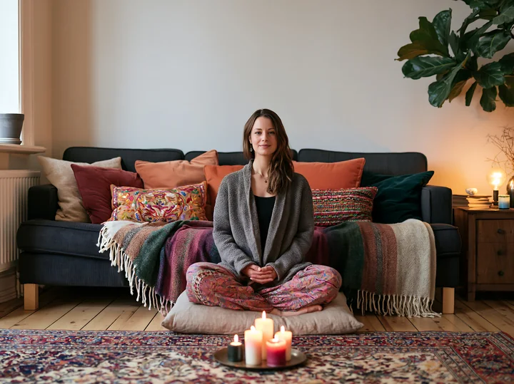 Woman sitting cross-legged before a sofa covered with colorful blankets and pillows in a warmly lit living room.