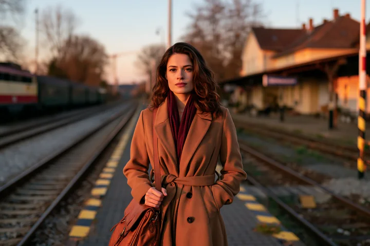Woman with a laptop bag stands on a railway platform beside tracks at sunset.