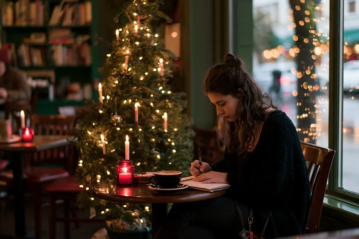 Woman writes in a notebook at a coffee shop table beside coffee, candlelight, and a decorated Christmas tree.