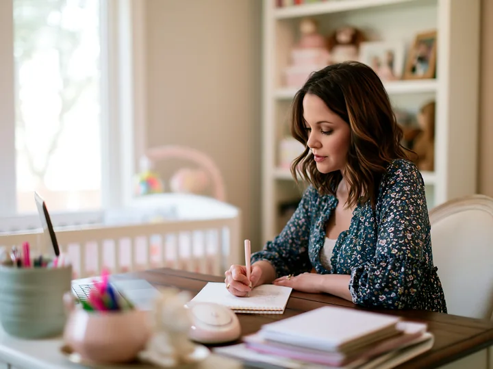 Woman writes in a notebook at a desk in a bright home workspace beside a laptop and books.