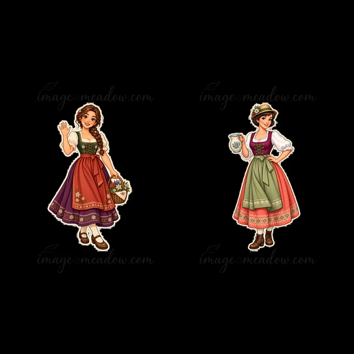 Two women stand side by side in traditional folk dresses. One woman waves and holds a basket, while the other holds a pitcher. The dresses feature bright colors