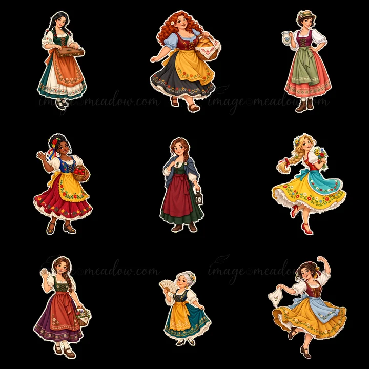 Nine women in traditional folk dress showcase diverse styles and colors. Each character holds a different accessory, highlighting cultural elements. This illust
