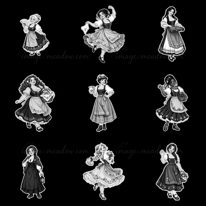 Nine cartoon characters in traditional folk dress. They engage in various activities like holding food, dancing, and offering a drink. The monochrome design hig