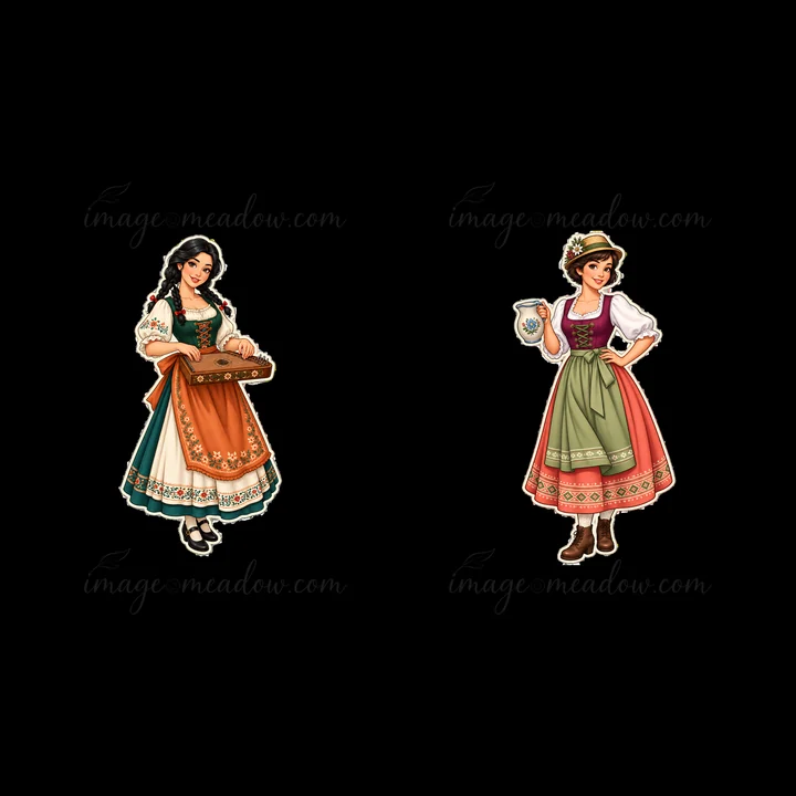 Two women wear colorful traditional folk dresses. One holds a musical instrument while the other carries a jug. They showcase cultural attire with rich colors a