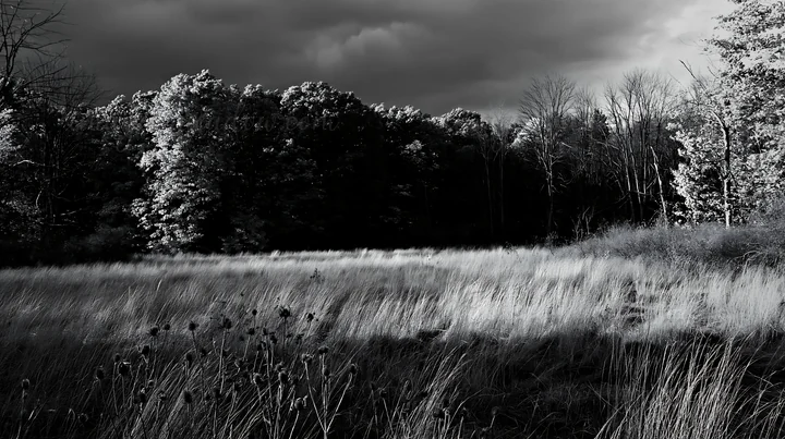 A wooded valley meadow shows tall grass and trees under a cloudy sky. The scene captures the natural landscape with a mix of light and shadow. The meadow is emp