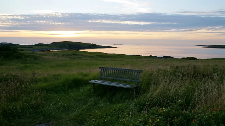 Wooden bench in a grassy meadow overlooks calm coastal water and rocky islands at sunset.