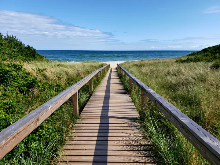 Wooden boardwalk crossing a grassy coastal meadow toward a sandy beach and blue sea.
