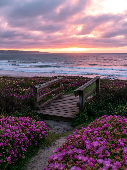 Wooden boardwalk through pink meadow flowers leads toward ocean waves at sunset.