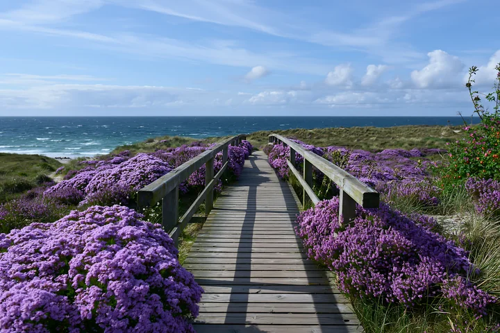 Wooden boardwalk through purple sea lavender leading toward a blue ocean coastline under a partly cloudy sky.