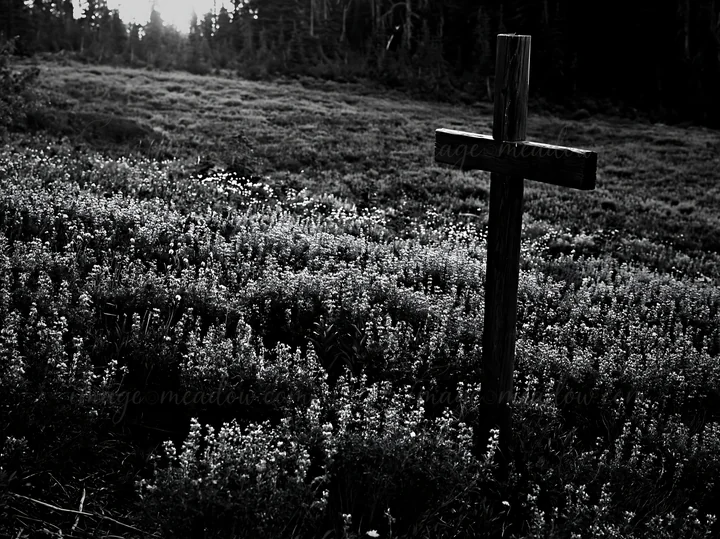 A wooden Christian cross stands in a deep mountain meadow filled with flowers. The sun sets in the background, casting shadows over the grassy field. The scene