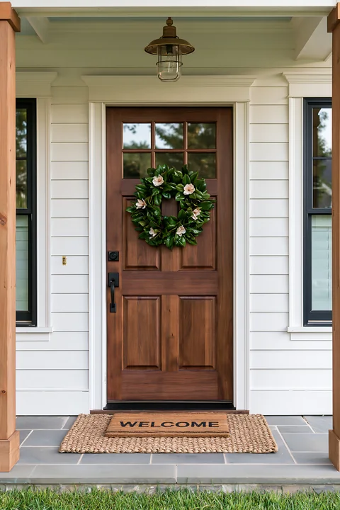 Wooden entrance door with a leafy floral wreath and welcome mat beneath a covered porch lantern.