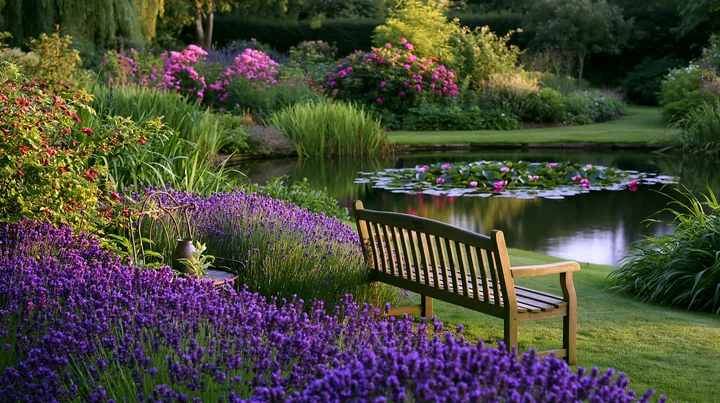 Wooden garden bench overlooks a water lily pond surrounded by colorful flowers and lush garden foliage.