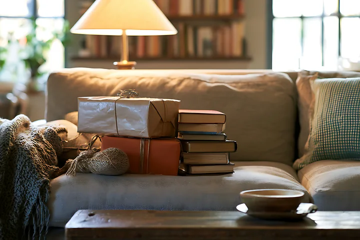 Wrapped birthday gifts and books arranged on a cushioned sofa in a warmly lit living room.