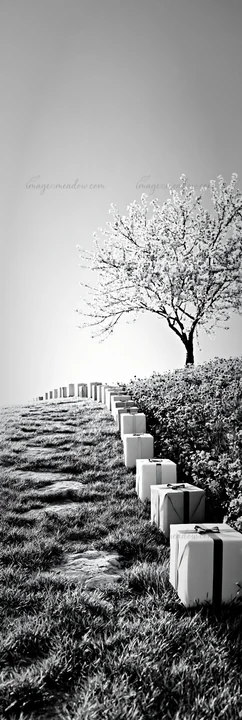 Wrapped packages line a meadow path leading to a tree. The scene captures a clear day with bright light, highlighting the path and surrounding greenery. The pac