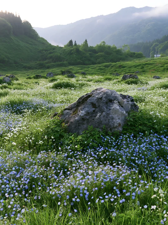 In Yamaguchi, a limestone meadow features a pale boulder surrounded by small blue flowers and green grass. Rolling hills rise in the background under a cloudy s