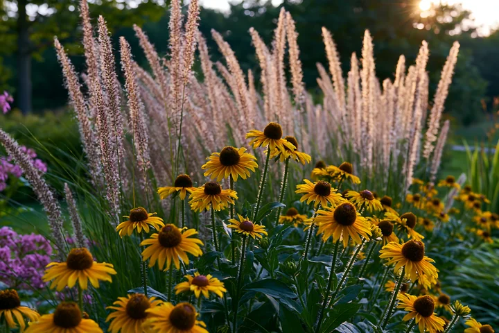 Yellow flowers bloom in a garden setting as the sun sets in the background.