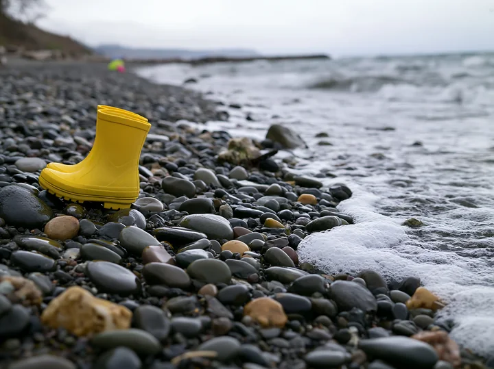 Yellow rain boot resting on wet pebbles beside foamy waves at an overcast coastline beach.