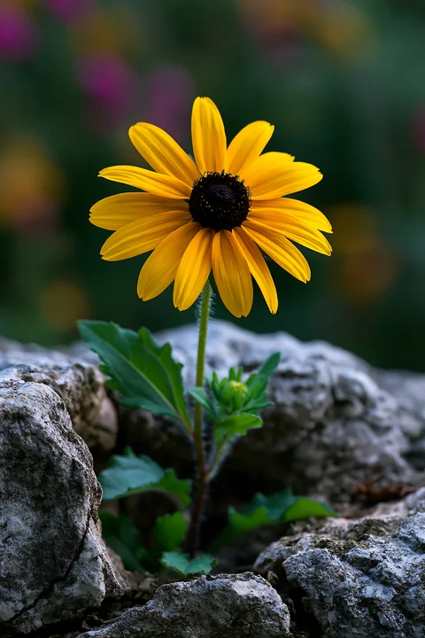 Yellow rudbeckia flower blooming among rocks in sunlight with green leaves and a blurred dark background.