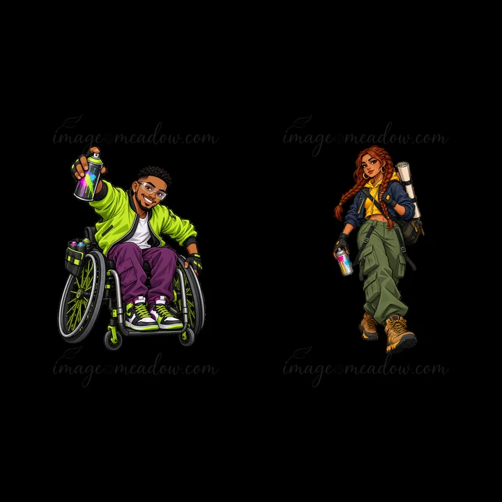 Two cartoon characters showcase their graffiti skills in streetwear. One character is in a wheelchair, holding spray paint, while the other walks confidently wi