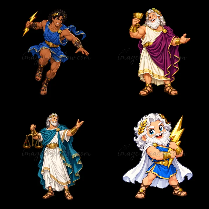 Four cartoon characters depict Zeus and other Greek gods. Zeus holds a lightning bolt, while others show a scale and chalice. Each figure wears distinct attire,