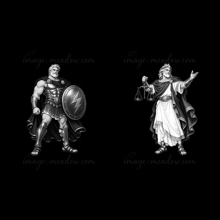 Two cartoon characters are shown, one holding a shield and the other holding scales. Both characters are depicted in a monochrome style with distinct features.