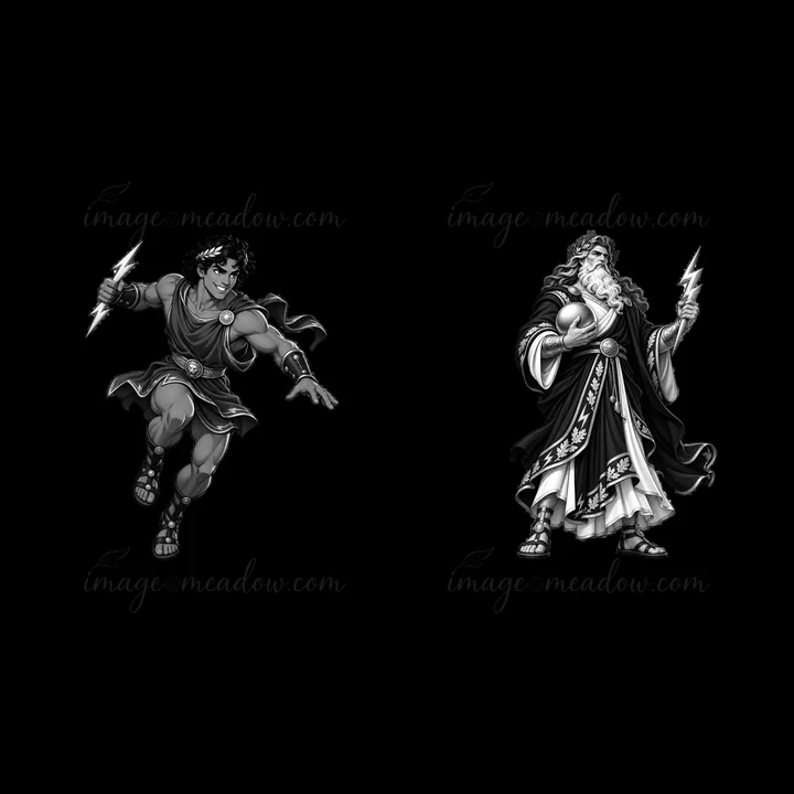 The design features two figures, Zeus and Hermes, in action poses. Zeus holds lightning bolts while Hermes appears ready to move. Both characters showcase disti