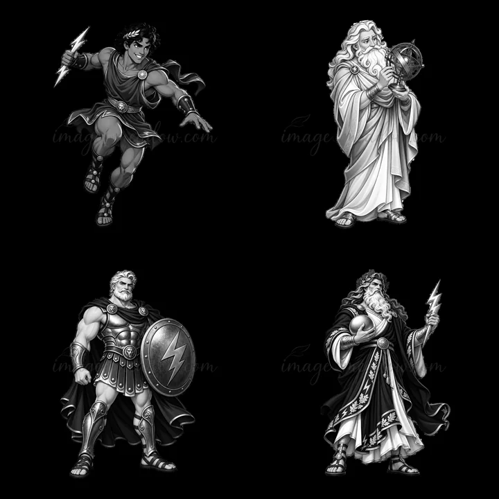 Four cartoon figures represent Greek deities in a 2x2 layout. Zeus holds a lightning bolt while another deity displays a globe. Action poses capture the essence