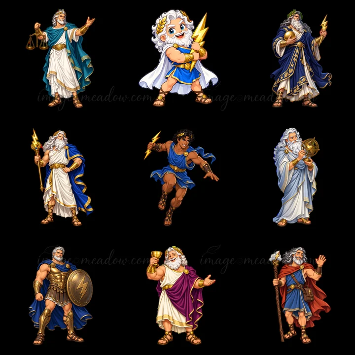 Set of nine stickers showing Zeus in various poses and outfits. Each figure holds symbols like lightning, shields, and staffs. The colors include blue, gold, wh