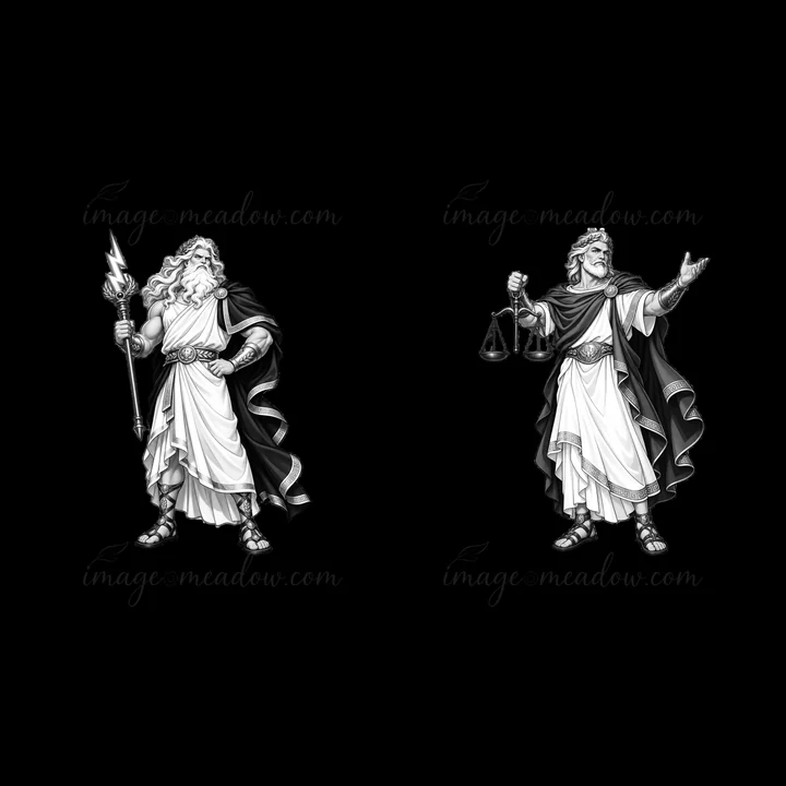 Zeus stands on the left, holding a lightning bolt. On the right, he holds scales in his other hand. These figures depict Zeus in a monochrome style, showcasing