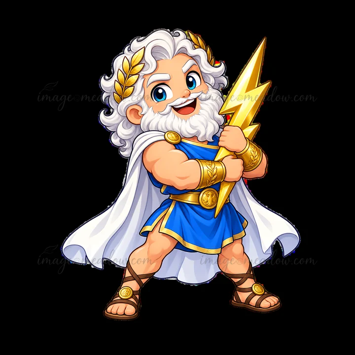 Zeus stands confidently with a lightning bolt in one hand. He wears a blue tunic and a white cape. His long white hair and beard are styled. Golden accessories