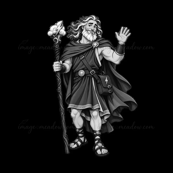 Zeus stands holding a lightning bolt and staff. He waves with a smile. He wears a flowing robe and sandals. The illustration shows strong features and flowing h